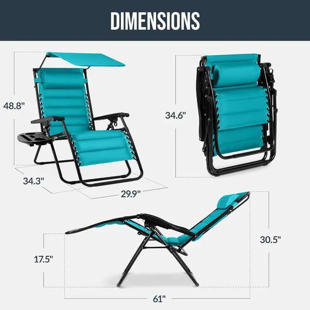 Alt view image 2 of 7 - Oversized Padded Zero Gravity Chair w/Canopy Headrest Cup Holder Side Tray, Folding Outdoor Patio Recliner Lounger - Peacock Blue