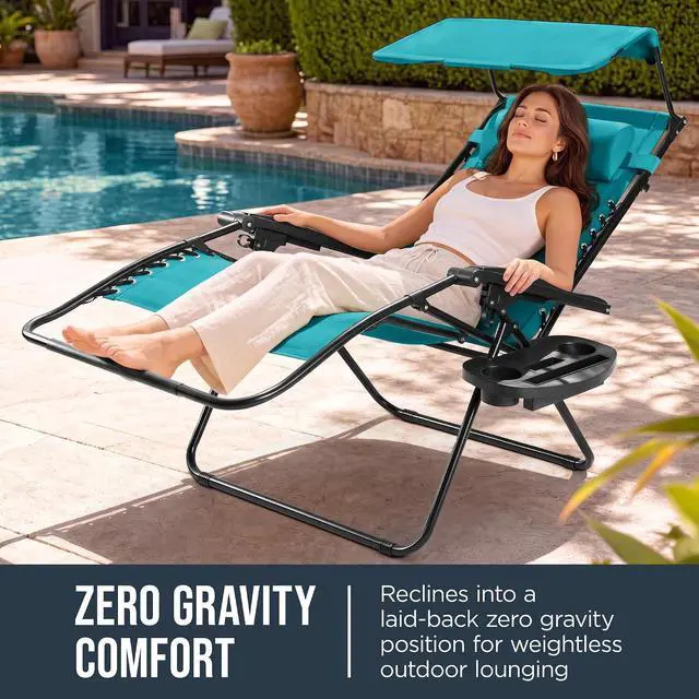 Alt view image 3 of 7 - Oversized Padded Zero Gravity Chair w/Canopy Headrest Cup Holder Side Tray, Folding Outdoor Patio Recliner Lounger - Peacock Blue