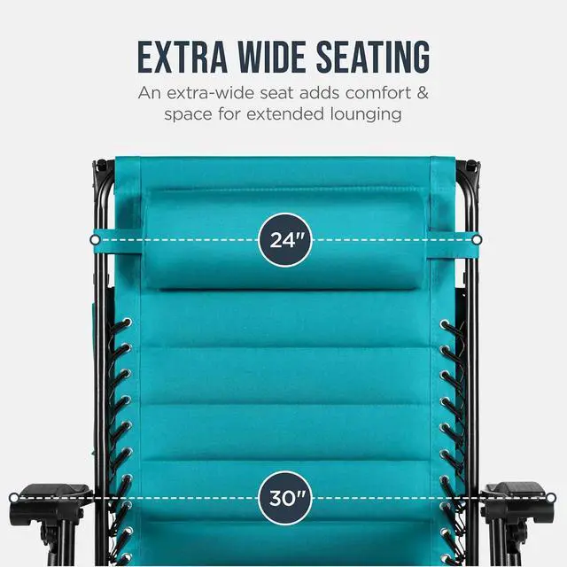 Alt view image 5 of 7 - Oversized Padded Zero Gravity Chair w/Canopy Headrest Cup Holder Side Tray, Folding Outdoor Patio Recliner Lounger - Peacock Blue