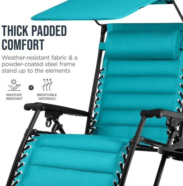 Alt view image 6 of 7 - Oversized Padded Zero Gravity Chair w/Canopy Headrest Cup Holder Side Tray, Folding Outdoor Patio Recliner Lounger - Peacock Blue