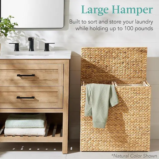 Alt view image 2 of 7 - Large Laundry Hamper with Lid, Natural Handwoven Hyacinth Laundry Basket, W/Removeable & Washable Liner Bag, Portable, Handles, 30 Gallon (114 liters) - Espresso