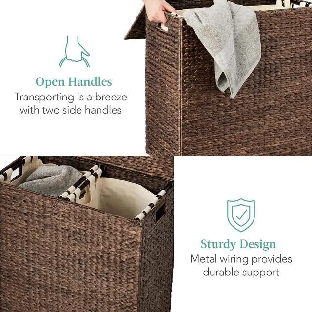 Alt view image 4 of 7 - Large Laundry Hamper with Lid, Natural Handwoven Hyacinth Laundry Basket, W/Removeable & Washable Liner Bag, Portable, Handles, 30 Gallon (114 liters) - Espresso