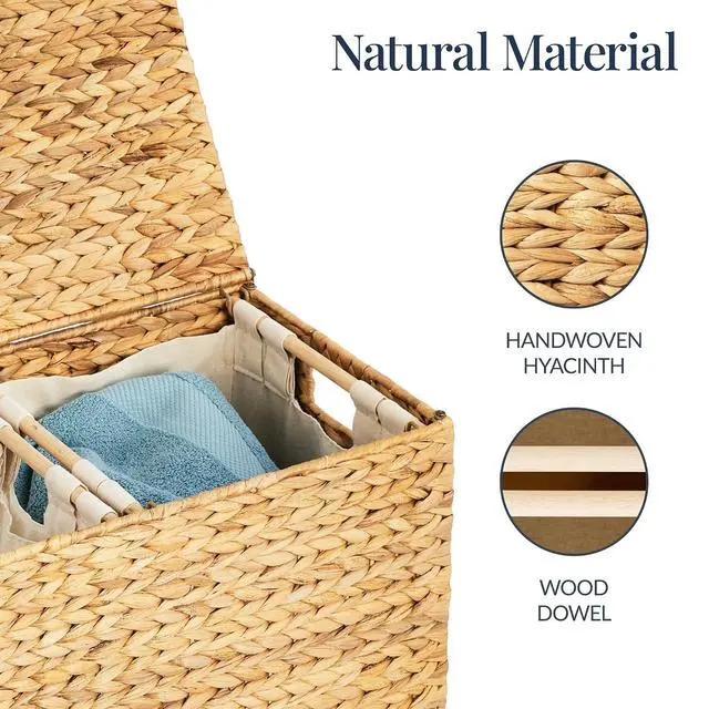 Alt view image 7 of 7 - X-Large Laundry Hamper with Lid, Natural Handwoven Hyacinth Laundry Basket, W/Removeable & Washable Liner Bag, Portable, Handles, 53 Gallon (200 liters) - Natural