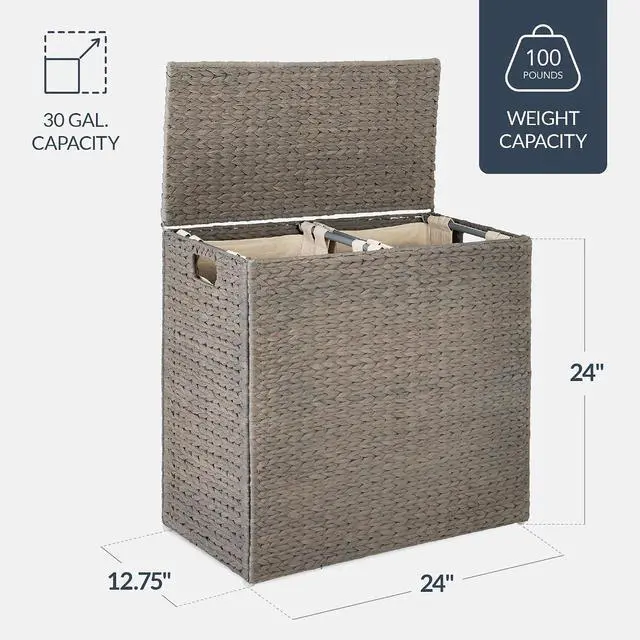 Alt view image 2 of 7 - Large Laundry Hamper with Lid, Natural Handwoven Hyacinth Laundry Basket, W/Removeable & Washable Liner Bag, Portable, Handles, 30 Gallon (114 liters) - Gray