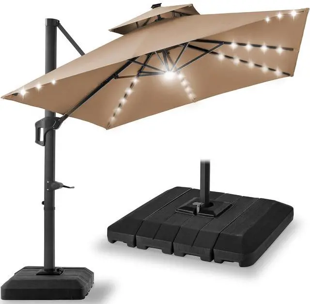 Main image of 10x10ft Cantilever Patio Umbrella w/Base Included, Solar LED Lights 360 Rotation Large Offset Hanging Outdoor Shade for Deck Pool Backyard w/Stand Tan