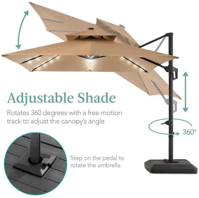 Alt view image 4 of 7 - 10x10ft Cantilever Patio Umbrella w/Base Included, Solar LED Lights 360 Rotation Large Offset Hanging Outdoor Shade for Deck Pool Backyard w/Stand Tan