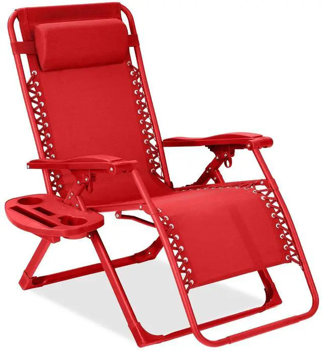 Main image of Adjustable Zero Gravity Chair, Monochromatic Color Folding Patio Recliner w/Side Tray, Headrest - Chili