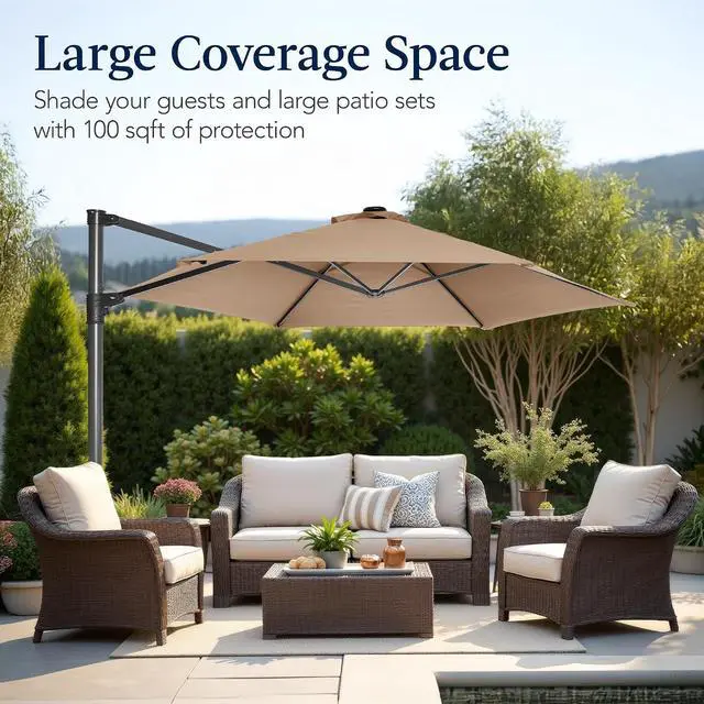 Alt view image 4 of 7 - 10ft Offset Cantilever Hanging Market Patio Umbrella, Smooth 360° Rotation, 8 Sturdy Ribs, Easy Adjustment - Tan