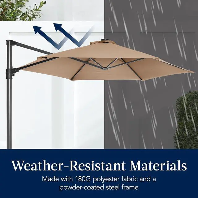 Alt view image 5 of 7 - 10ft Offset Cantilever Hanging Market Patio Umbrella, Smooth 360° Rotation, 8 Sturdy Ribs, Easy Adjustment - Tan