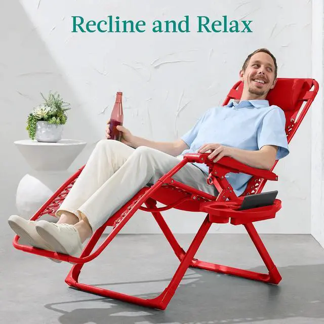 Alt view image 4 of 7 - Adjustable Zero Gravity Chair, Monochromatic Color Folding Patio Recliner w/Side Tray, Headrest - Chili