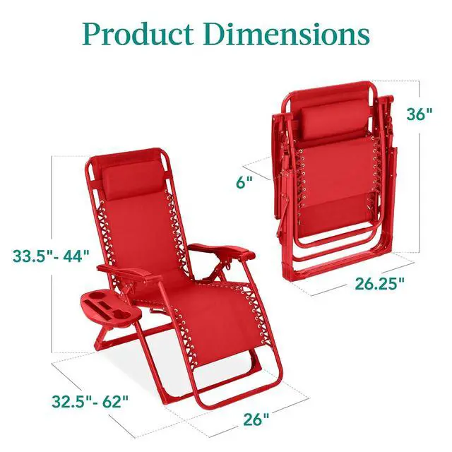 Alt view image 3 of 7 - Adjustable Zero Gravity Chair, Monochromatic Color Folding Patio Recliner w/Side Tray, Headrest - Chili