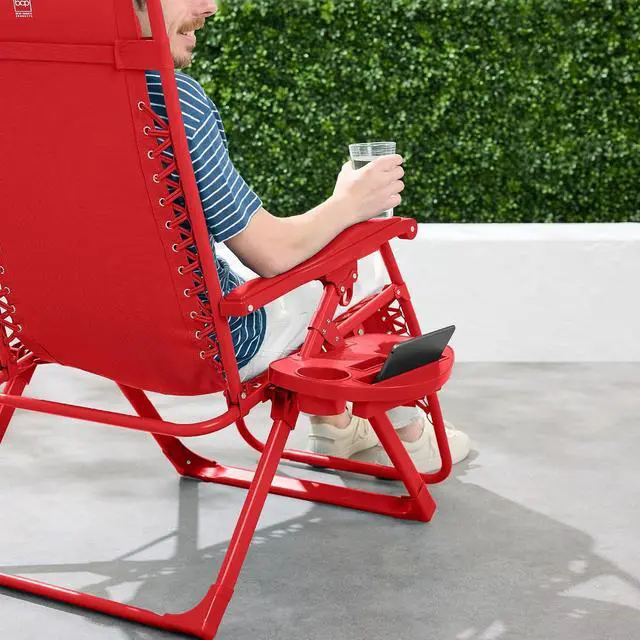 Alt view image 5 of 7 - Adjustable Zero Gravity Chair, Monochromatic Color Folding Patio Recliner w/Side Tray, Headrest - Chili