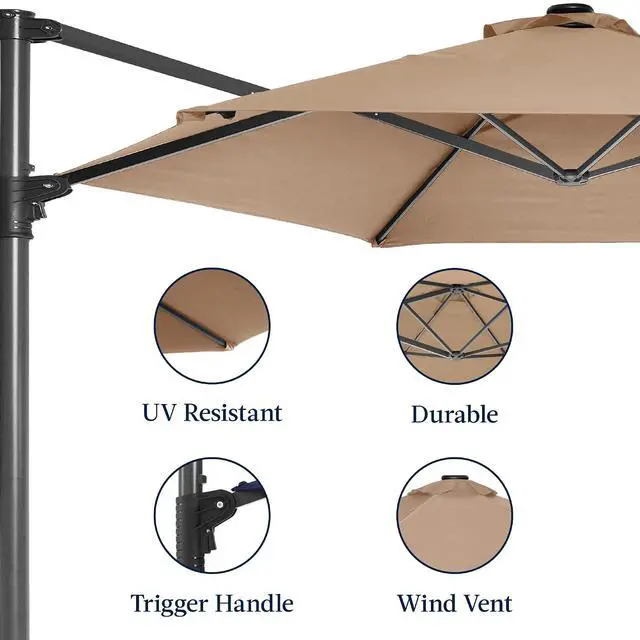 Alt view image 7 of 7 - 10ft Offset Cantilever Hanging Market Patio Umbrella, Smooth 360° Rotation, 8 Sturdy Ribs, Easy Adjustment - Tan
