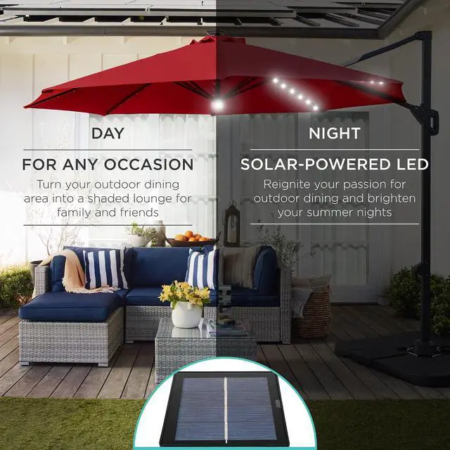 Alt view image 3 of 7 - 10ft Solar LED Cantilever Patio Umbrella, 360-Degree Rotation Hanging Offset Market Outdoor Sun Shade for Backyard, Deck, Poolside w/Lights, Easy Tilt, Cross Base - Red