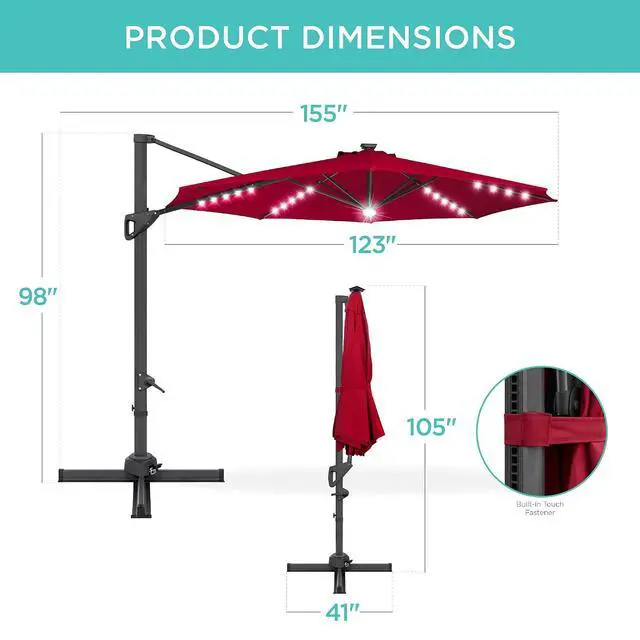 Alt view image 7 of 7 - 10ft Solar LED Cantilever Patio Umbrella, 360-Degree Rotation Hanging Offset Market Outdoor Sun Shade for Backyard, Deck, Poolside w/Lights, Easy Tilt, Cross Base - Red