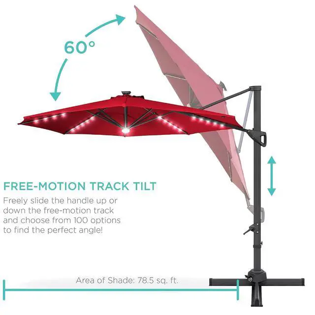 Alt view image 5 of 7 - 10ft Solar LED Cantilever Patio Umbrella, 360-Degree Rotation Hanging Offset Market Outdoor Sun Shade for Backyard, Deck, Poolside w/Lights, Easy Tilt, Cross Base - Red