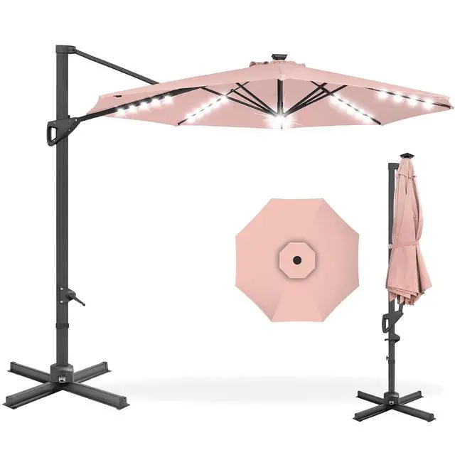 Main image of 10ft Solar LED Cantilever Patio Umbrella, 360-Degree Rotation Hanging Offset Market Outdoor Sun Shade for Backyard, Deck, Poolside w/Lights, Easy Tilt, Cross Base - Rose Quartz
