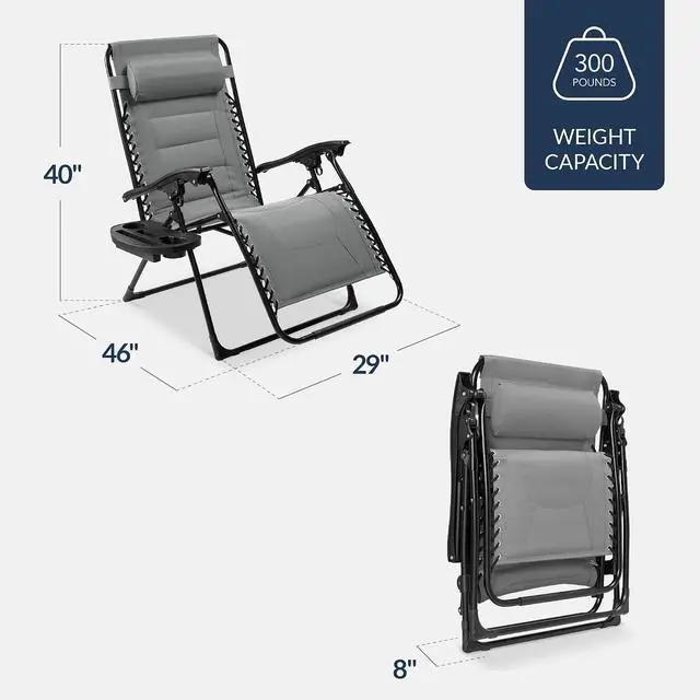 Alt view image 2 of 7 - Oversized Padded Zero Gravity Chair, Folding Outdoor Patio Recliner, XL Anti Gravity Lounger for Backyard w/Headrest, Cup Holder, Side Tray, Polyester Mesh - Ice Gray