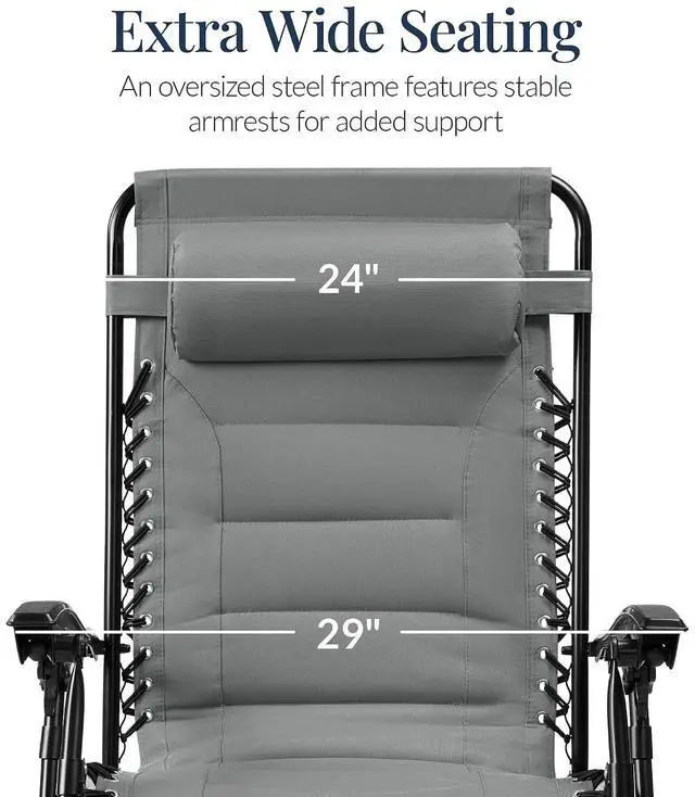 Alt view image 3 of 7 - Oversized Padded Zero Gravity Chair, Folding Outdoor Patio Recliner, XL Anti Gravity Lounger for Backyard w/Headrest, Cup Holder, Side Tray, Polyester Mesh - Ice Gray