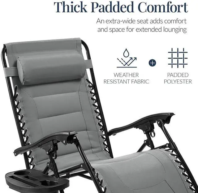 Alt view image 4 of 7 - Oversized Padded Zero Gravity Chair, Folding Outdoor Patio Recliner, XL Anti Gravity Lounger for Backyard w/Headrest, Cup Holder, Side Tray, Polyester Mesh - Ice Gray