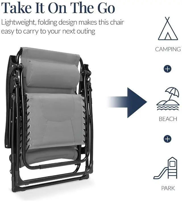 Alt view image 5 of 7 - Oversized Padded Zero Gravity Chair, Folding Outdoor Patio Recliner, XL Anti Gravity Lounger for Backyard w/Headrest, Cup Holder, Side Tray, Polyester Mesh - Ice Gray