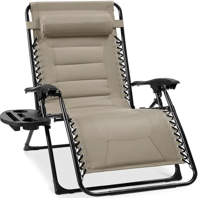 Main image of Oversized Padded Zero Gravity Chair, Folding Outdoor Patio Recliner, XL Anti Gravity Lounger for Backyard w/Headrest, Cup Holder, Side Tray, Polyester Mesh - Dune