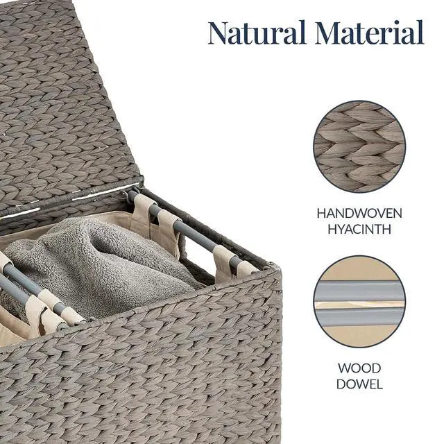 Alt view image 7 of 7 - Large Laundry Hamper with Lid, Natural Handwoven Hyacinth Laundry Basket, W/Removeable & Washable Liner Bag, Portable, Handles, 30 Gallon (114 liters) - Gray