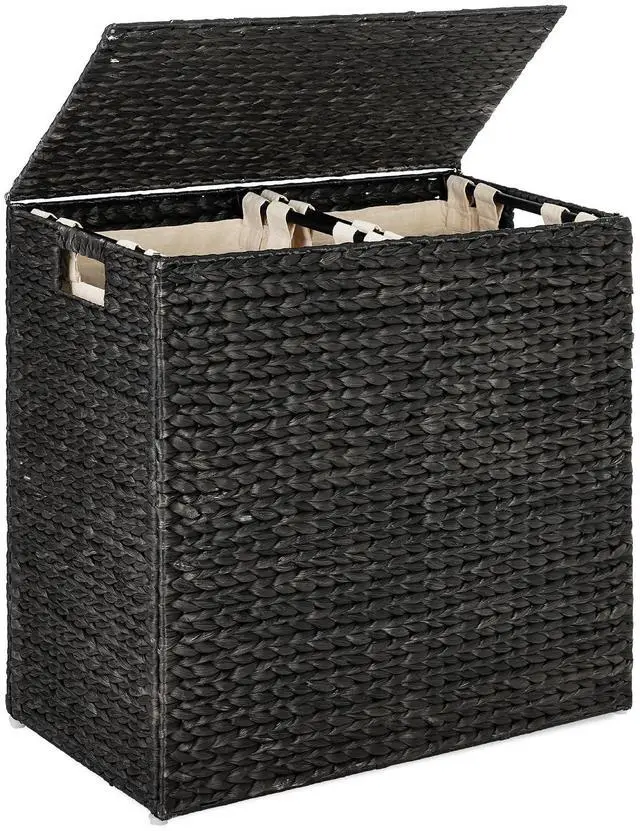 Main image of Large Laundry Hamper with Lid, Natural Handwoven Hyacinth Laundry Basket, W/Removeable & Washable Liner Bag, Portable, Handles, 30 Gallon (114 liters) - Black
