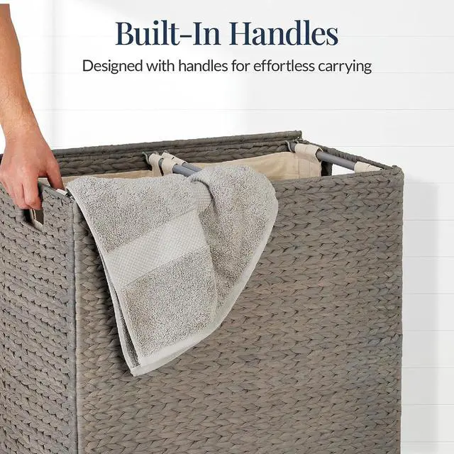 Alt view image 6 of 7 - Large Laundry Hamper with Lid, Natural Handwoven Hyacinth Laundry Basket, W/Removeable & Washable Liner Bag, Portable, Handles, 30 Gallon (114 liters) - Gray