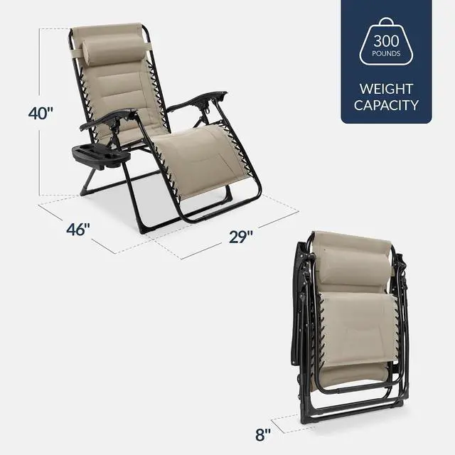 Alt view image 2 of 7 - Oversized Padded Zero Gravity Chair, Folding Outdoor Patio Recliner, XL Anti Gravity Lounger for Backyard w/Headrest, Cup Holder, Side Tray, Polyester Mesh - Dune