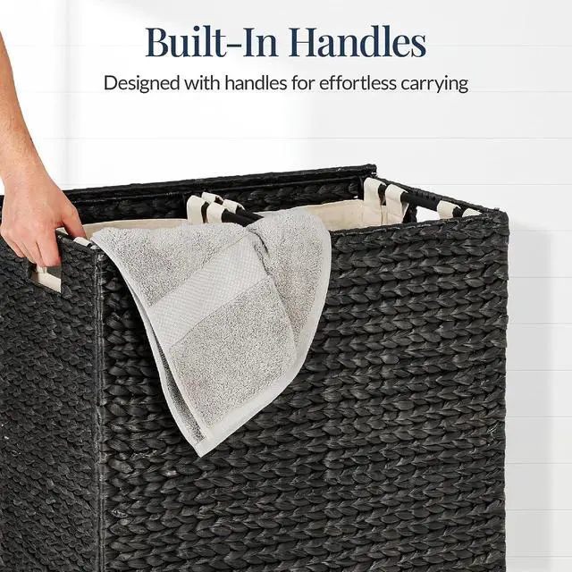 Alt view image 6 of 7 - Large Laundry Hamper with Lid, Natural Handwoven Hyacinth Laundry Basket, W/Removeable & Washable Liner Bag, Portable, Handles, 30 Gallon (114 liters) - Black