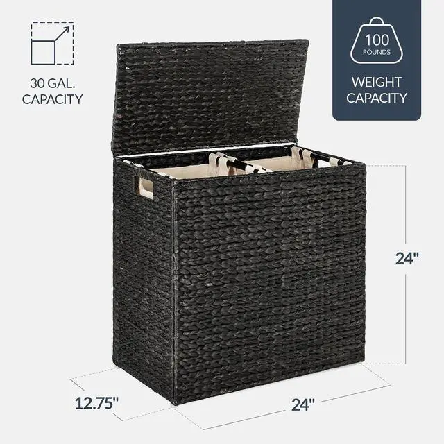 Alt view image 2 of 7 - Large Laundry Hamper with Lid, Natural Handwoven Hyacinth Laundry Basket, W/Removeable & Washable Liner Bag, Portable, Handles, 30 Gallon (114 liters) - Black