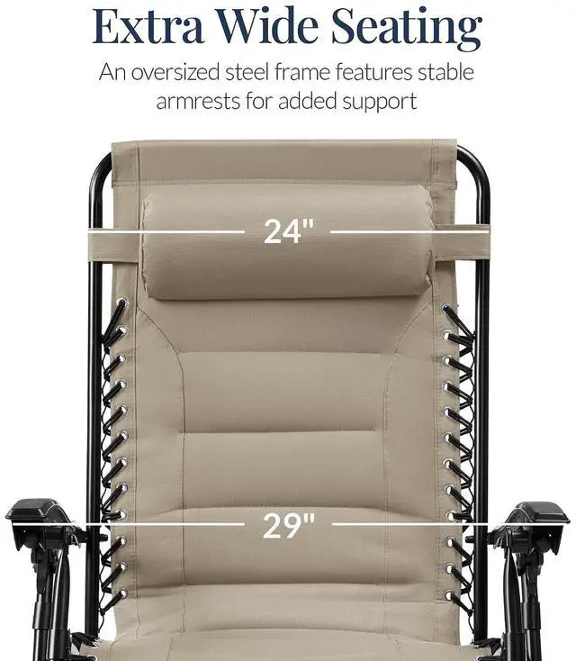 Alt view image 3 of 7 - Oversized Padded Zero Gravity Chair, Folding Outdoor Patio Recliner, XL Anti Gravity Lounger for Backyard w/Headrest, Cup Holder, Side Tray, Polyester Mesh - Dune