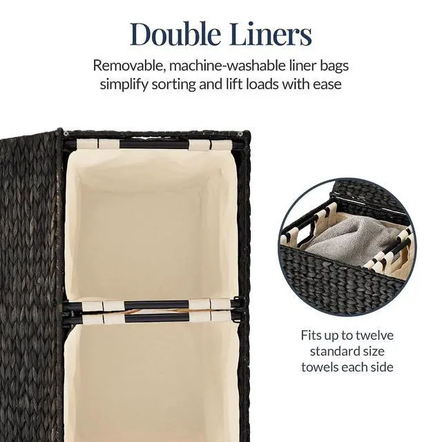 Alt view image 5 of 7 - Large Laundry Hamper with Lid, Natural Handwoven Hyacinth Laundry Basket, W/Removeable & Washable Liner Bag, Portable, Handles, 30 Gallon (114 liters) - Black