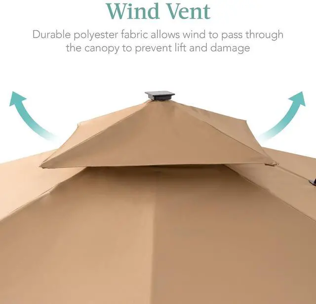 Alt view image 6 of 7 - 10x10ft Cantilever Patio Umbrella w/Base Included, Solar LED Lights 360 Rotation Large Offset Hanging Outdoor Shade for Deck Pool Backyard w/Stand Tan