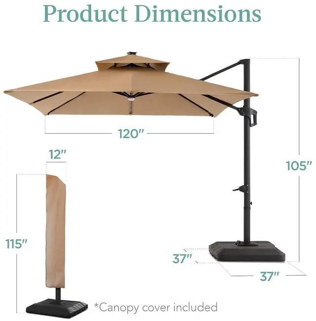 Alt view image 7 of 7 - 10x10ft Cantilever Patio Umbrella w/Base Included, Solar LED Lights 360 Rotation Large Offset Hanging Outdoor Shade for Deck Pool Backyard w/Stand Tan