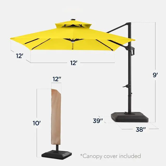 Alt view image 2 of 7 - 12x12ft LED Cantilever Patio Umbrella w/Base Included & 360° Rotation, Large Solar Offset Hanging Outdoor Sun Shade for Deck, Backyard Table w/Stand & Lights Yellow