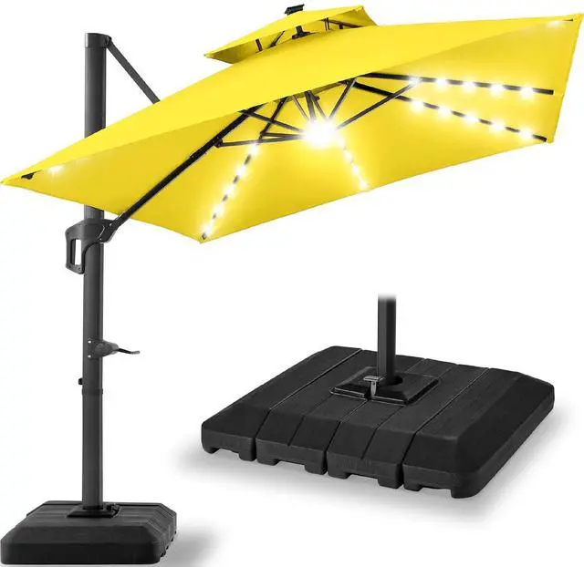 Main image of 12x12ft LED Cantilever Patio Umbrella w/Base Included & 360° Rotation, Large Solar Offset Hanging Outdoor Sun Shade for Deck, Backyard Table w/Stand & Lights Yellow