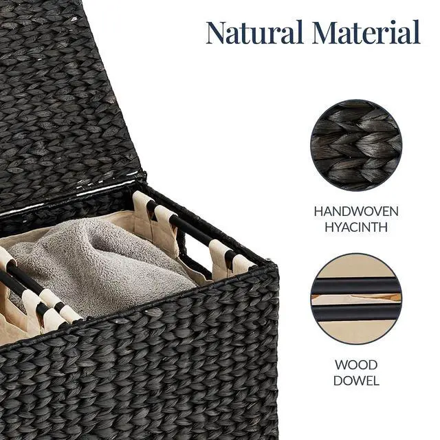 Alt view image 7 of 7 - Large Laundry Hamper with Lid, Natural Handwoven Hyacinth Laundry Basket, W/Removeable & Washable Liner Bag, Portable, Handles, 30 Gallon (114 liters) - Black