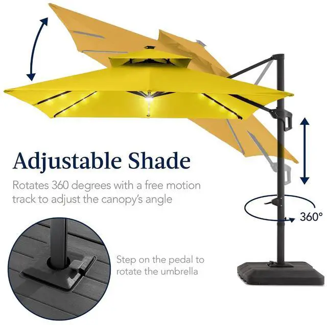 Alt view image 5 of 7 - 12x12ft LED Cantilever Patio Umbrella w/Base Included & 360° Rotation, Large Solar Offset Hanging Outdoor Sun Shade for Deck, Backyard Table w/Stand & Lights Yellow