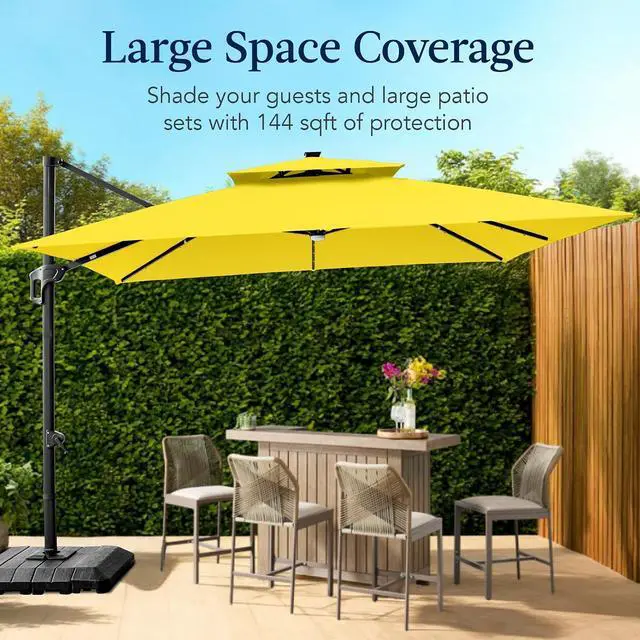 Alt view image 4 of 7 - 12x12ft LED Cantilever Patio Umbrella w/Base Included & 360° Rotation, Large Solar Offset Hanging Outdoor Sun Shade for Deck, Backyard Table w/Stand & Lights Yellow