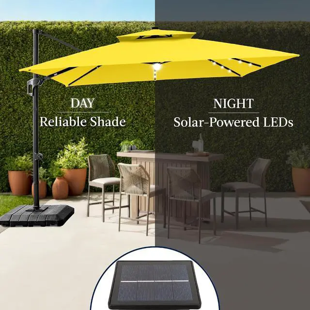 Alt view image 6 of 7 - 12x12ft LED Cantilever Patio Umbrella w/Base Included & 360° Rotation, Large Solar Offset Hanging Outdoor Sun Shade for Deck, Backyard Table w/Stand & Lights Yellow