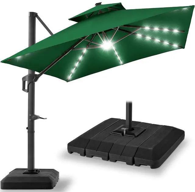 Main image of 10x10ft Cantilever Patio Umbrella w/Base Included, Solar LED Lights 360 Rotation Large Offset Hanging Outdoor Shade for Deck Pool Backyard w/Stand Green