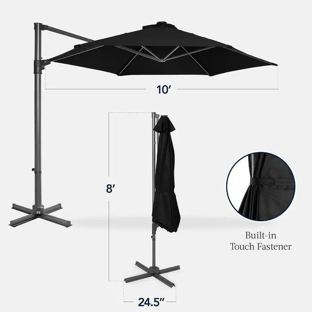 Alt view image 2 of 7 - 10ft Offset Cantilever Hanging Market Patio Umbrella, Smooth 360° Rotation, 8 Sturdy Ribs, Easy Adjustment - Black