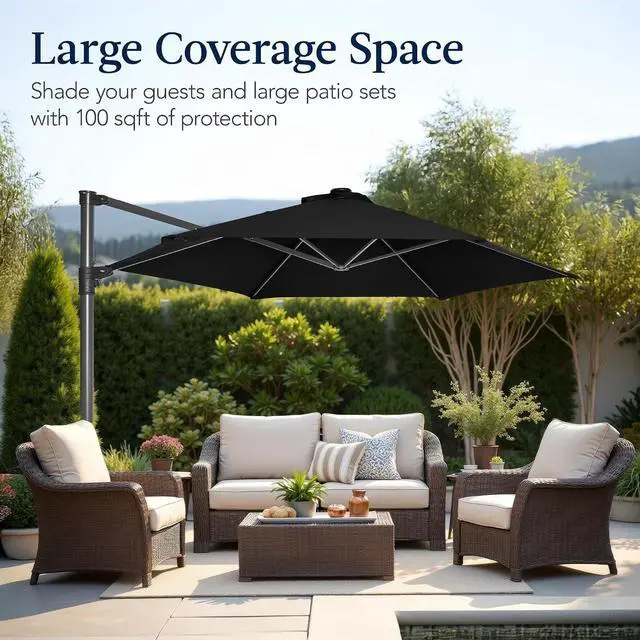 Alt view image 4 of 7 - 10ft Offset Cantilever Hanging Market Patio Umbrella, Smooth 360° Rotation, 8 Sturdy Ribs, Easy Adjustment - Black