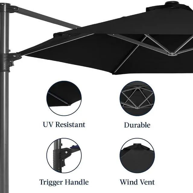 Alt view image 7 of 7 - 10ft Offset Cantilever Hanging Market Patio Umbrella, Smooth 360° Rotation, 8 Sturdy Ribs, Easy Adjustment - Black