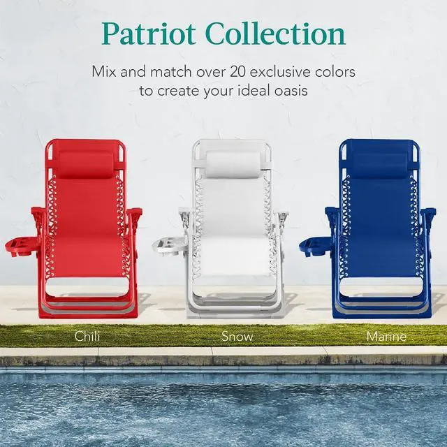 Alt view image 7 of 7 - Adjustable Zero Gravity Chair, Monochromatic Color Folding Patio Recliner w/Side Tray, Headrest - Marine