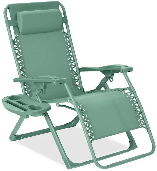 Main image of Adjustable Zero Gravity Chair, Monochromatic Color Folding Patio Recliner w/Side Tray, Headrest - Seafoam