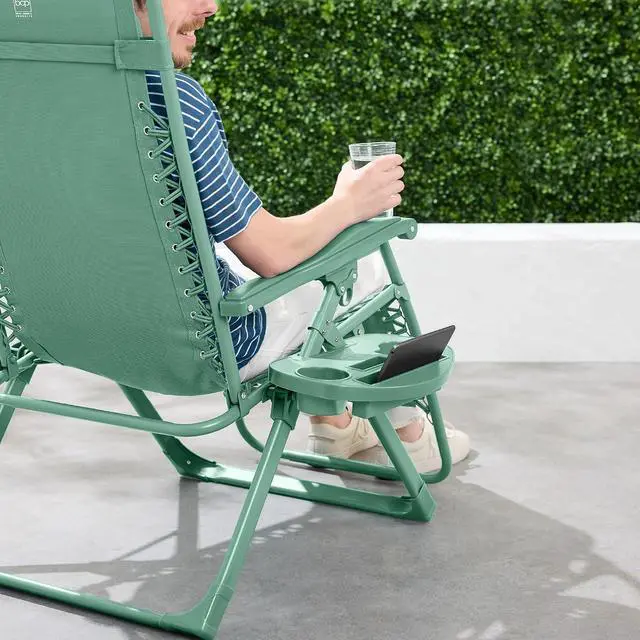 Alt view image 5 of 7 - Adjustable Zero Gravity Chair, Monochromatic Color Folding Patio Recliner w/Side Tray, Headrest - Seafoam