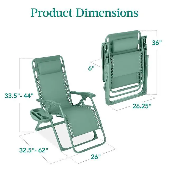 Alt view image 3 of 7 - Adjustable Zero Gravity Chair, Monochromatic Color Folding Patio Recliner w/Side Tray, Headrest - Seafoam